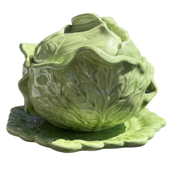 VTG Holland Mold Green Cabbage Tureen Lidded Bowl with Underplate Majolica - Picture 2 of 12